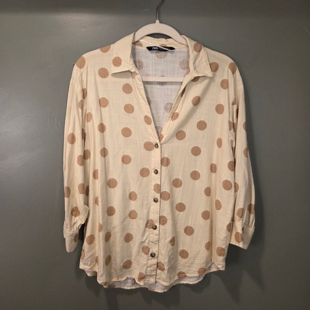 Zara Women's Linen Blend Polka Dot Button Up Shirt 3/4 Sleeve, Size S, Cream Tan
